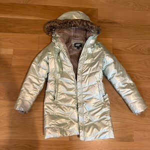 Lands End winter jacket. Ice blue. Fur lined hood. Size L (10/12).